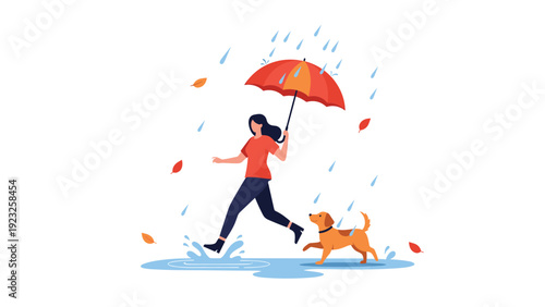 Cheerful woman with a red umbrella walking her dog in the rain during autumn with falling leaves and water puddles in a clean flat vector style.