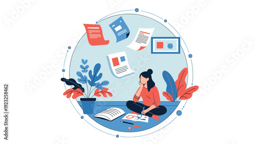 Creative woman sitting on the floor surrounded by plants and books thinking about floating document pages and new ideas in a flat vector style.
