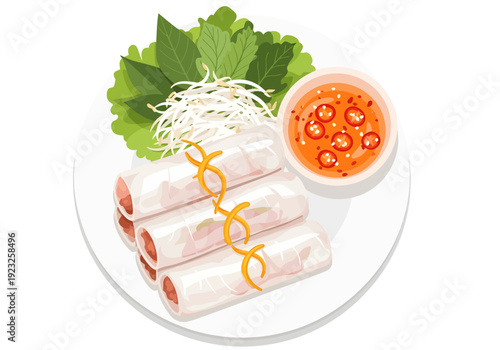 Three delicate, translucent Vietnamese spring rolls rest on a pristine white plate, beautifully accompanied by fresh green lettuce leaves, crisp bean sprouts, and a vibrant, spicy chili dipping sauce