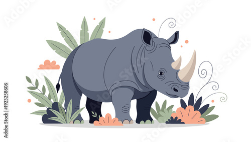 Majestic rhinoceros standing in a stylized natural environment with green leaves and orange plants in a clean and modern flat vector illustration.