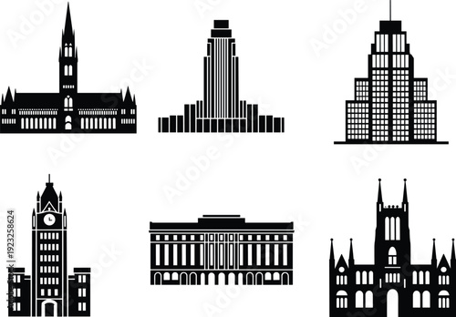 Set of historic and modern architecture building silhouettes in black vector illustration isolated on light background for city skyline and landmark design