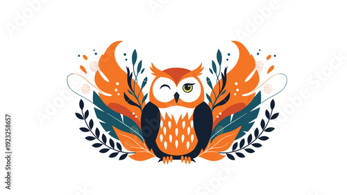 Stylized orange owl with large wings and feathers winking and surrounded by decorative leaves and dots in a balanced and artistic vector design.