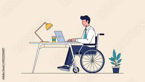 Young man in a wheelchair working on a laptop at a desk with a lamp, a cup of coffee, and a potted plant in a minimalist office environment.
