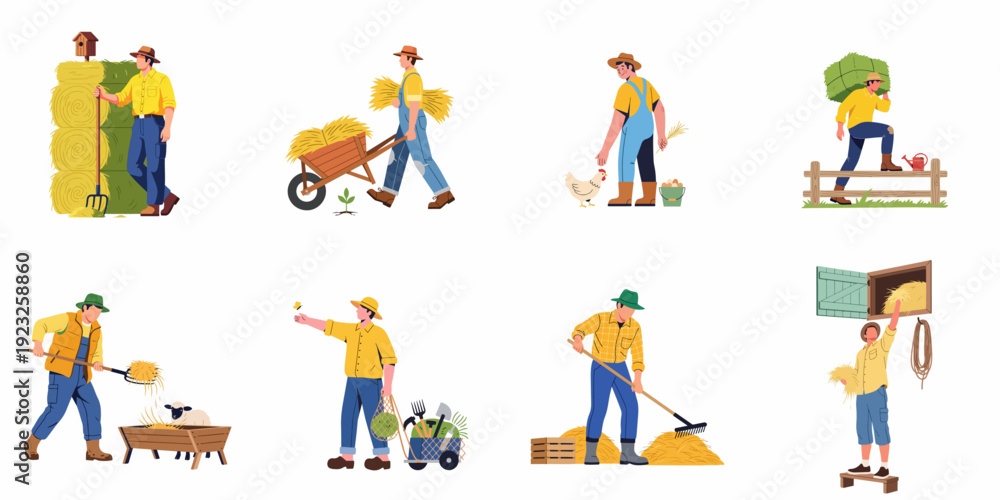 Fototapeta premium A collection of illustrations featuring farmers performing various agricultural tasks, including hay handling, animal care, and farm work in rural settings.