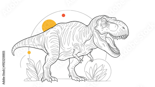 Powerful Tyrannosaurus Rex dinosaur line art illustration with stylized sun and leaf elements ideal for coloring pages or educational materials.