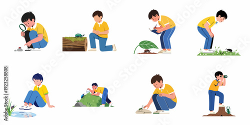 Boy Exploring Nature and Insects: A Set of Illustrations Depicting Outdoor Learning and Discovery