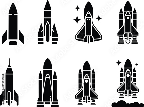 Space rocket and shuttle silhouettes set in black vector illustration isolated on light background for aerospace, startup launch and space exploration design