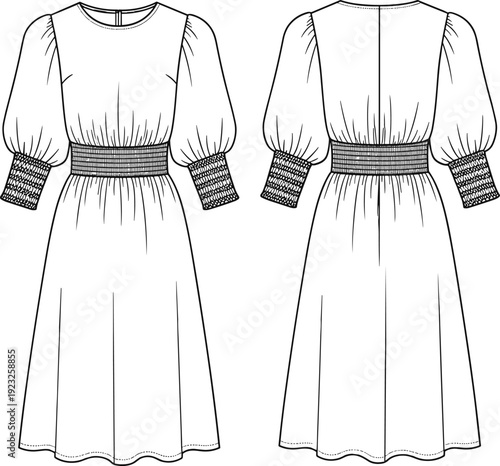 Black and white vector line art illustration of a women puff sleeve midi dress with smocked waist and gathered cuffs from two views