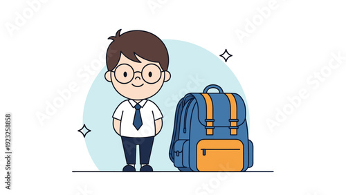 Schoolboy wearing glasses and a uniform standing next to a large blue and orange backpack on a simple circular background in flat vector style.