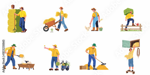 A collection of illustrations featuring farmers performing various agricultural tasks, including hay handling, animal care, and farm work in rural settings.
