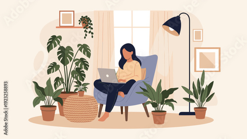 Young woman working on her laptop while sitting in a comfortable armchair in a room filled with lush green indoor plants in flat vector style.