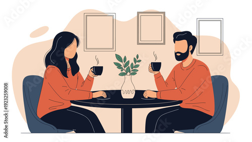 Man and woman enjoying a quiet coffee break together at a small table in a cozy cafe, holding mugs and engaged in conversation.