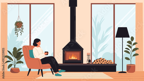 Woman relaxes in a comfortable armchair by a warm burning fireplace in a cozy living room with large windows and indoor plants.