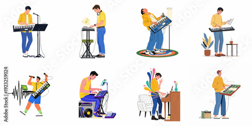 Modern male musicians engaging with various electronic keyboards and music production equipment, expressing passion and creativity.