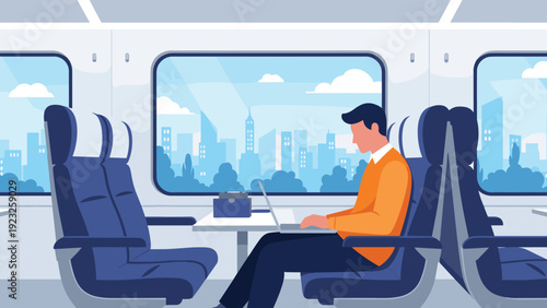 Businessman sitting in a train carriage and working on his laptop while traveling, with a cityscape visible through the window.
