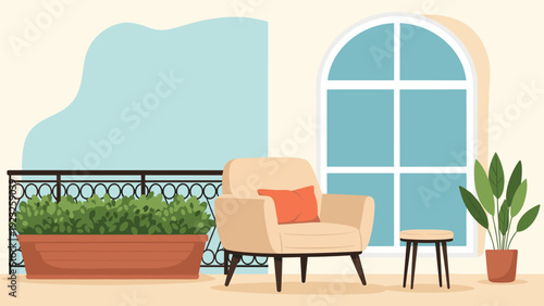 Cozy balcony scene featuring a comfortable armchair with a cushion, a small side table, and several potted plants under an arch.