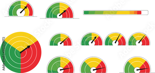 Performance Gauge Meter Set with Speedometer Indicators in Green Yellow and Red Levels Dashboard Vector Illustration Collection