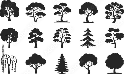 Tree silhouettes collection in black vector illustration isolated on light background featuring various forest, park and decorative tree shapes for landscape design