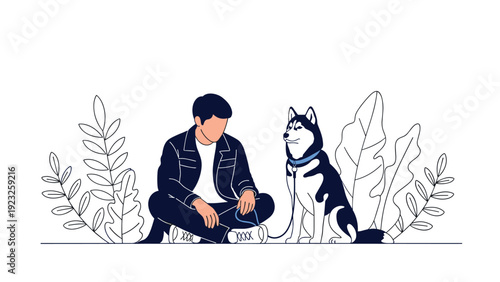 Young man sitting on the ground and spending time with his husky dog, surrounded by stylized plants in a line art style.