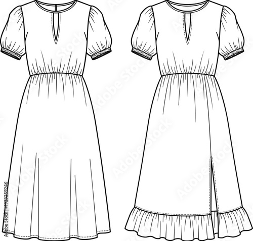 Black and white vector line art illustration of a women short puff sleeve midi dress with front slit and elastic waist from two views