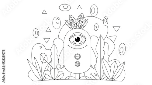 Whimsical line art illustration of a friendly one-eyed monster with feathers and buttons, surrounded by abstract shapes.