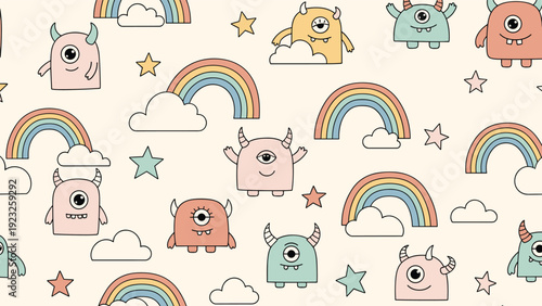 Adorable seamless pattern of cute little monsters, colorful rainbows, clouds, and stars on a warm beige background.