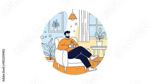 Man enjoying a quiet moment with a hot drink while sitting in a comfortable armchair in a stylized, modern room.