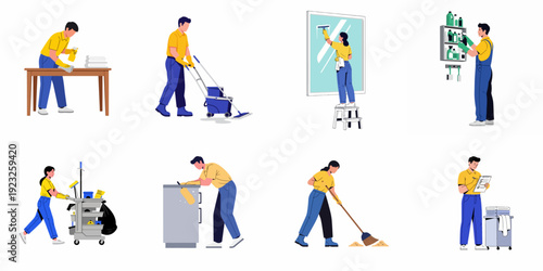 Professional cleaning services team performing various tasks like wiping, sweeping, mopping, and organizing supplies, ensuring a spotless and tidy environment.