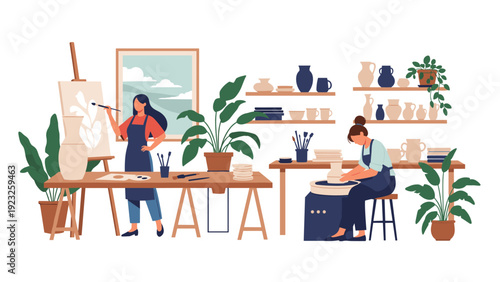 Busy art studio with people painting on canvas and making pottery, surrounded by shelves of art supplies and plants.