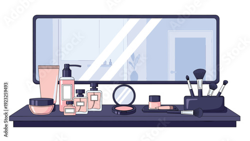 Array of makeup and skincare products like perfume, cream, and brushes arranged on a dark table in front of a mirror.