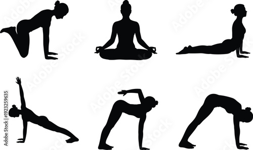 Women performing yoga asanas in black silhouette vector illustration with meditation and stretching poses isolated on light background for fitness and wellness design