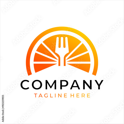 A logo that combines a fork and a slice of orange. This logo is perfect for a food business.
