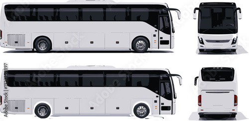 White Modern Coach Bus Vector Template Set With Side Front and Back Views for Corporate Branding Identity Mockup Isolated on White Background for Transportation Design
