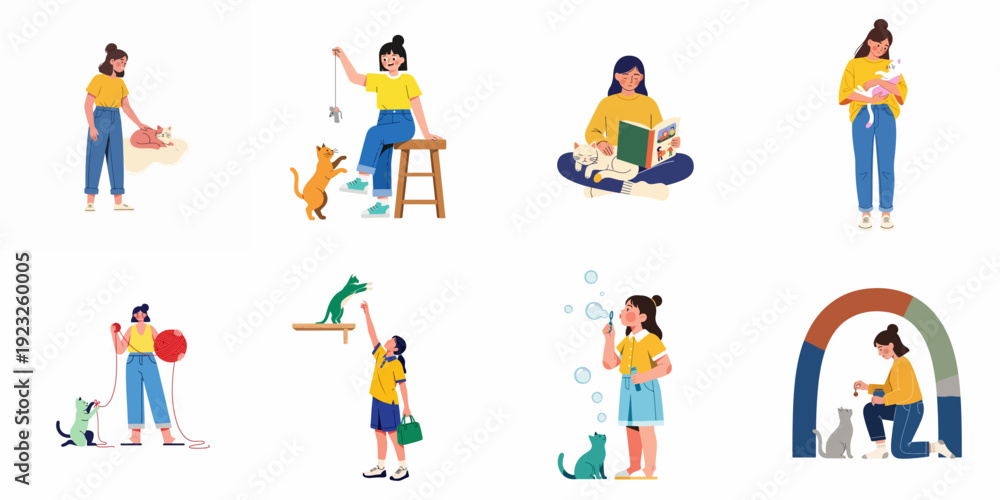 Fototapeta premium Diverse Women and Their Cats: Daily Life, Play, and Affection with Feline Companions