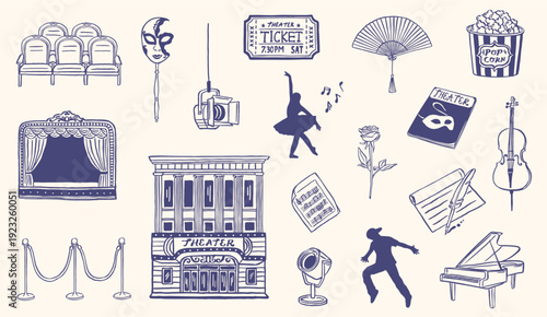 theater cinema vintage old elements doodle sketch drawing vector illustration collection set