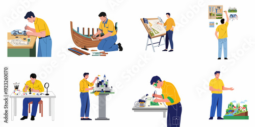 People engaging in diverse creative hobbies and crafts, including model making, architectural design, electronics, and artistic pursuits.