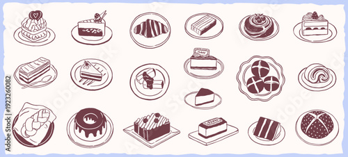 cake bread pastry on a plate hand drawing sketch illustration - vector doodle collection set