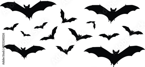 Flying bat silhouettes vector illustration, spooky animal icons for Halloween, nocturnal wildlife design, eerie symbol for decoration, nature branding, dark theme art