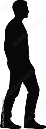 Vector black silhouette illustration of a young man walking sideways in profile view wearing casual clothing and sneakers isolated on white background for lifestyle design.