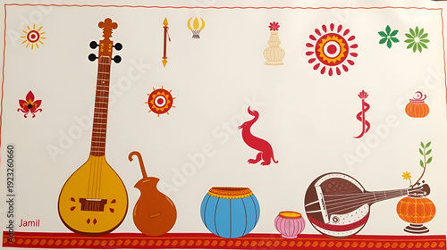 Traditional Indian Instruments and Cultural Symbols.