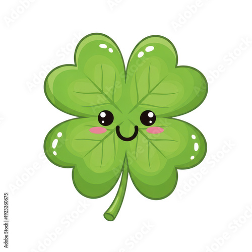 A cheerful four-leaf clover with a smiling face and a leaf stem. isolated on white background
