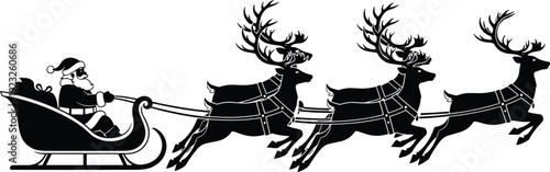Santa Claus riding sleigh with flying reindeer, festive Christmas silhouette vector illustration symbolizing holiday, gifts, celebration, design content