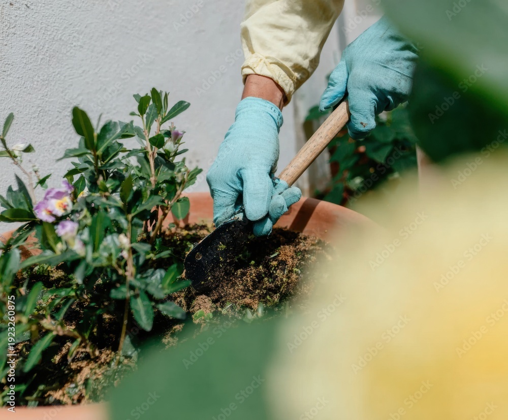 Fototapeta premium Gardener Wearing Gloves Planting with a Small Shovel in a Terracotta Pot Outdoors, Close Up of Gardening Hobby and Sustainable Lifestyle Routine with Copy Space