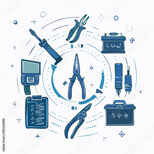 automotive tools vector, car workshop tools illustration, mechanic equipment set, garage toolkit collection, isometric auto repair tools, flat design mechanic tools, outline garage icons, monoline aut