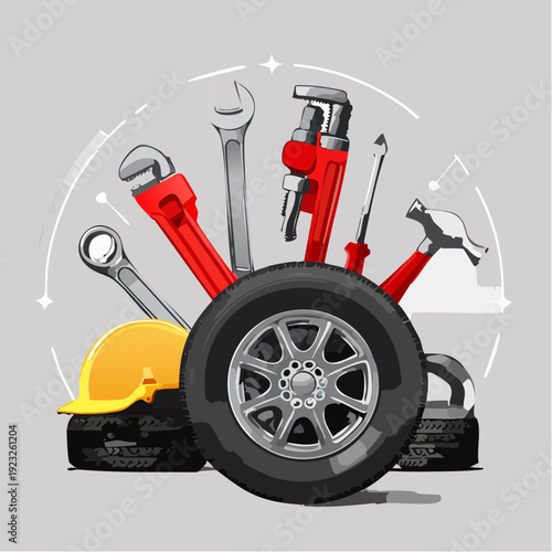 automotive tools vector, car workshop tools illustration, mechanic equipment set, garage toolkit collection, isometric auto repair tools, flat design mechanic tools, outline garage icons, monoline aut