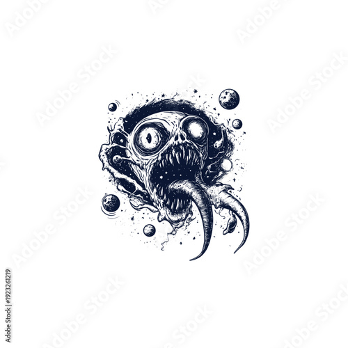 Hand-drawn sketch of a terrifying space monster with sharp teeth and long tongue surrounded by planets and stars, cosmic horror illustration isolated