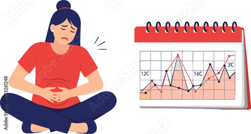 Woman sitting cross legged holding stomach in pain with calendar showing hormonal cycle tracking graph isolated vector illustration for health and wellness medical themes. (25 words)