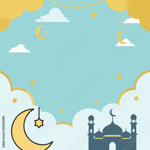 Eid Mubarak Greeting Card Design with Mosque and Crescent