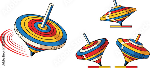 Set of colorful vintage wooden spinning tops with motion lines isolated on white background vector illustration for childhood toys games and retro entertainment themes. (24 words)