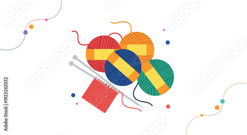 Colorful yarn balls with knitting needles and knitted fabric piece isolated on white background flat vector illustration for handmade hobby craft and textile design.